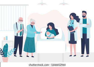 Beauty woman lies on bed and hold newborn baby. Patient with grandparents and doctors. Room in the perinatal center.Medical examination, consultation or checkup. Health care,motherhood concept. Vector