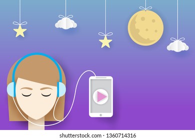 beauty woman listening music on night background in paper art style