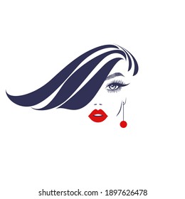 Beauty woman logo, hairstyle lady, eyelashes extensions, red lips, hot girl, beauty and nail art logo salon. Jewelry symbol. Vector illustration.