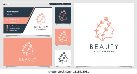Beauty woman logo with line art flower style and business card design Premium Vector