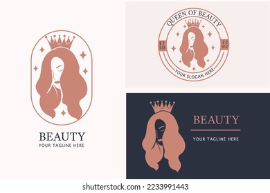 Beauty Woman with long hair wearing crown, beauty Logo design with circle badge, perfect for Beauty studio and cosmetic brand template