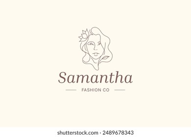 Beauty woman with lotus flower continuous line logo design template vector illustration. Botanical female face with floral hairstyle hand drawn logotype organic cosmetics brand coiffure hairdresser