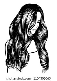 Beauty Woman With Luxurious Loose Long Summer Curls Hairstyle With Braid. Hand-drawn Idea For Business Visit Card, Typography Vector.Perfect Salon Look, Print For T-shirt