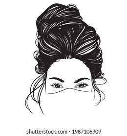 Beauty Woman In Messy Bun, Messy Bun Hair Illustration, Line Art, Silhouette, For T-Shirt Design, Mug, Tote Bag, Etc.