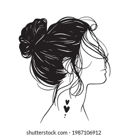 Beauty Woman In Messy Bun, Messy Bun Hair Illustration, Line Art, Silhouette, For T-Shirt Design, Mug, Tote Bag, Etc.