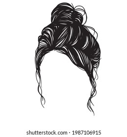 Beauty Woman In Messy Bun, Messy Bun Hair Illustration, Line Art, Silhouette, For T-Shirt Design, Mug, Tote Bag, Etc.