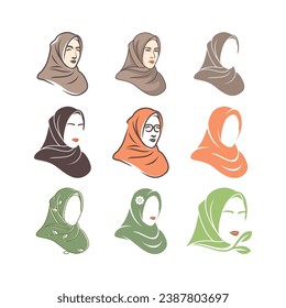 beauty woman muslim wearing headscarf fashion collection set mascot character colorful modern logo design vector icon illustration