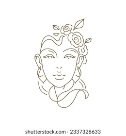 Beauty woman with natural flowers hairstyle monochrome continuous line art logo vector illustration. Gentle female portrait with botanical blossom floral hair minimal icon organic cosmetic cosmetology