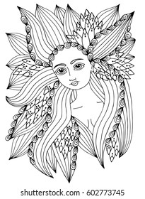 Beauty woman portrait with abstract ornate pattern in the long hair. Vector Illustration. Trendy print. Girl portrait for coloring book, card, invitation, posters, placards, banners.