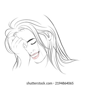 Beauty Woman Portrait. Closeup Of Beautiful Happy Girl With Perfect Smile, White Teeth Smiling. vector illustration isolated cartoon hand drawn. Line art