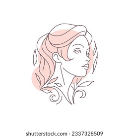 Essilueta de contorno de mujer de belleza con manto de color rosa pastel minimalista de línea de arte ilustración vectorial. Cabeza femenina gentil con el pelo de las hojas botánicas icono para la peluquería de coiffuro cuidado de la piel cosmético