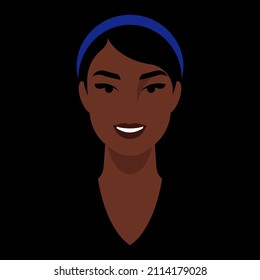 Beauty woman portrait on theatrical dark background. Pretty girl in hair band smiling and enjoying. Kind, friendly, happy face surrounded by darkness. Modern flat style illustration for poster, cover
