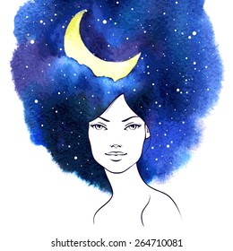 Beauty woman portrait with watercolor stain as hair. Night sky with moon and stars Vector Illustration. Stylish fashion design. Conceptual beauty natural design background or banner. 