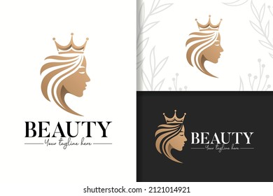 Beauty woman with queen crown gold logo