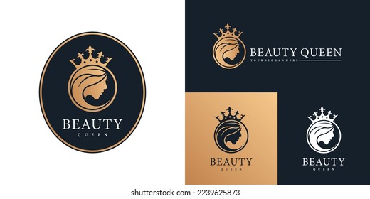 Beauty woman with queen crown gold logo with modern emblem style