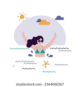 Beauty woman relaxing and swimming in ocean or sea. Happy female character looking at sea view. Girl enjoying summer travel vacation, spa relax. flat vector illustration isolated on white background