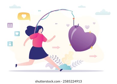 Beauty woman runs for love bait. fishing rod that uses the heart as bait. trap of love. Deception problems. dangerous manipulations in relationships, social media addiction. flat vector Illustration