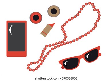 beauty woman set : nail polish, beads, sunglasses, mobile phone, lipstick