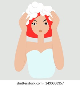 Beauty Woman shampooing. Beauty care concept. Vector flat isolated illustration.