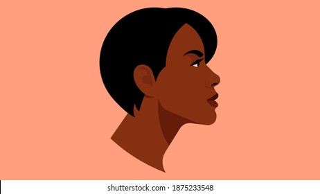 Beauty Woman With Short Black Hair. African American Girl. Vector Flat Illustration In Modern Style. Avatar, Silhouette, Portrait, Character.