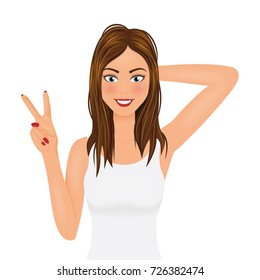 Beauty woman show peace hand. Young pretty girl with hand behind the head making victory symbol.
