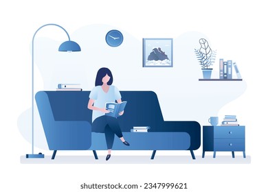 Beauty woman sitting on sofa and reading book or magazine. Living room interior with furniture. Education or freelance at home or in coworking. Female character in trendy style. Vector illustration