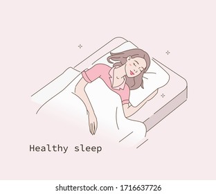 Beauty Woman Sleeping in Comfortable Bed on Soft Pillow at Home. Girl  Wearing Pajama Relaxing and Dreaming in Cozy Bed. Healthy Sleep  and Relaxation Concept. Flat Cartoon Vector Illustration. svg