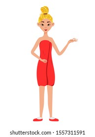 Beauty woman spreads her hands. Cartoon style. Vector illustration