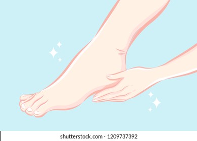 beauty woman touch her foot heel with blue background