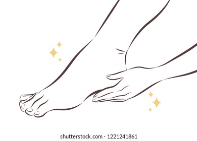 beauty woman touch her foot heel with blue background