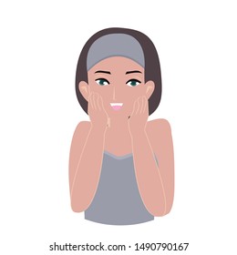 Beauty woman touch her own face. Cute cartoon character. Vector illustration on white background