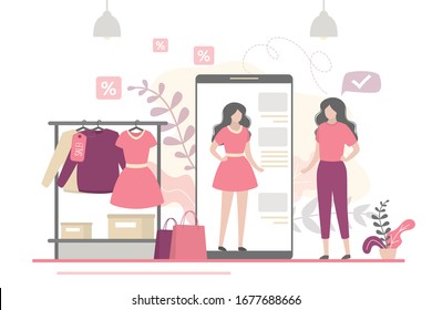 Beauty Woman Trying On Things In Virtual Fitting Room. App On Mobile Phone Is An Online Dressing Room. Banner With New Fashion Technologies. Internet Store, Online Shopping. Flat Vector Illustration
