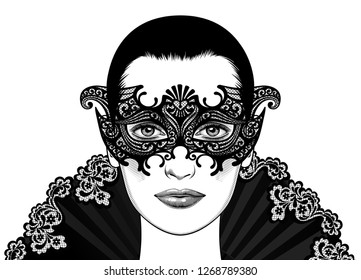 Beauty woman wearing venetian masquerade carnival mask. Christmas Mystery Masquerade. Vector illustration