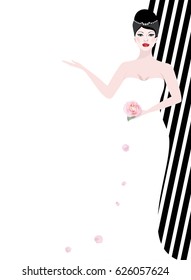 Beauty woman in white dress pointing towards white background.