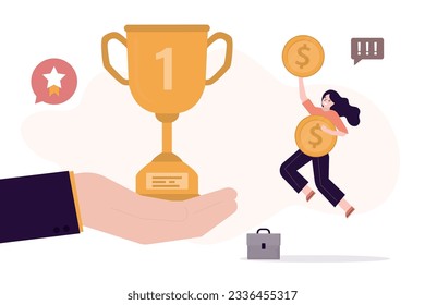 Beauty woman winner receives trophy and cash prize. Big hand gives golden goblet to winner. Awarding, happy businesswoman celebrating victory. Reward, finish competition, best worker of month. vector