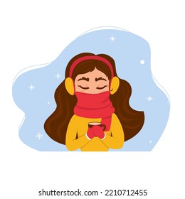 Beauty woman wrapped up to her nose in warm scarf with cup of coffee in her hands against background of snowflakes. Vector illustration. Character in flat style for winter design, decor
