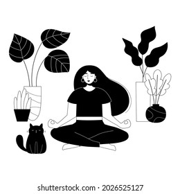 Schönheit Frau in Yoga Lotus Pose mit süße fette Katze und Haus Pflanzen in Töpfen. Schwarz-Weiß-Umriss, Vektorgrafik. Meditation zu Hause. Gesunder Lebensstil. Cartoon-Doodle-Figuren.