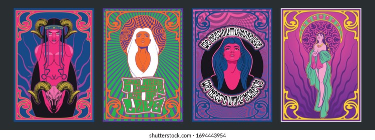 Beauty Women Art Nouveau Style Psychedelic Art 1960s, 1970er Rock Music Posters Stilisierung