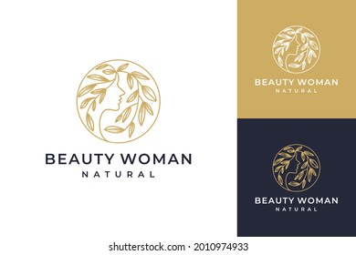 beauty women combination with flower line art logo design