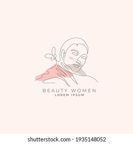 Beauty Women continuous line icon logo design vector. Cute women, monoline icon logo vector illustration template
