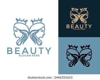 beauty women with crown logo design inspiration, feminine woman logo vector template