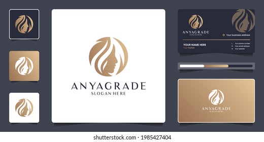 Beauty women face and leaf logo template. Luxury logo design for branding salon with business card.