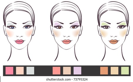 Beauty women face with makeup vector illustration, make-up variants for different types of eyes