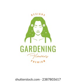 beauty women face portrait long hair florist gardening botanical flower mascot colorful logo design vector icon illustration