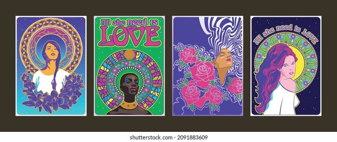 Beauty Women, Flowers and Art Nouveau Style Mosaic, 1960s Psychedelic Posters Style Illustrations