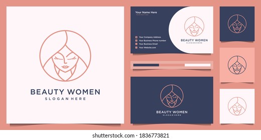 Beauty women hair salon logo design line art style. logo design and business card.