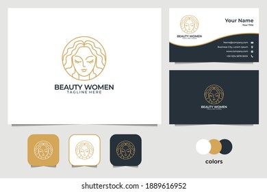 beauty women with line art style logo design and business card
