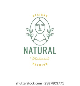 mujeres de belleza tratamiento de larga naturaleza de pelo deja estilo línea herbaria diseño simple logo vector ilustración