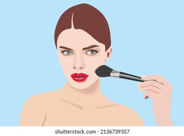 Beauty women with makeup brushes in her cheek. Facial skin care women with red lips