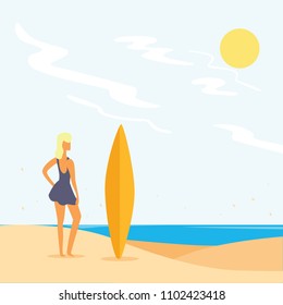 Beauty Women On Beach With Surfing Board